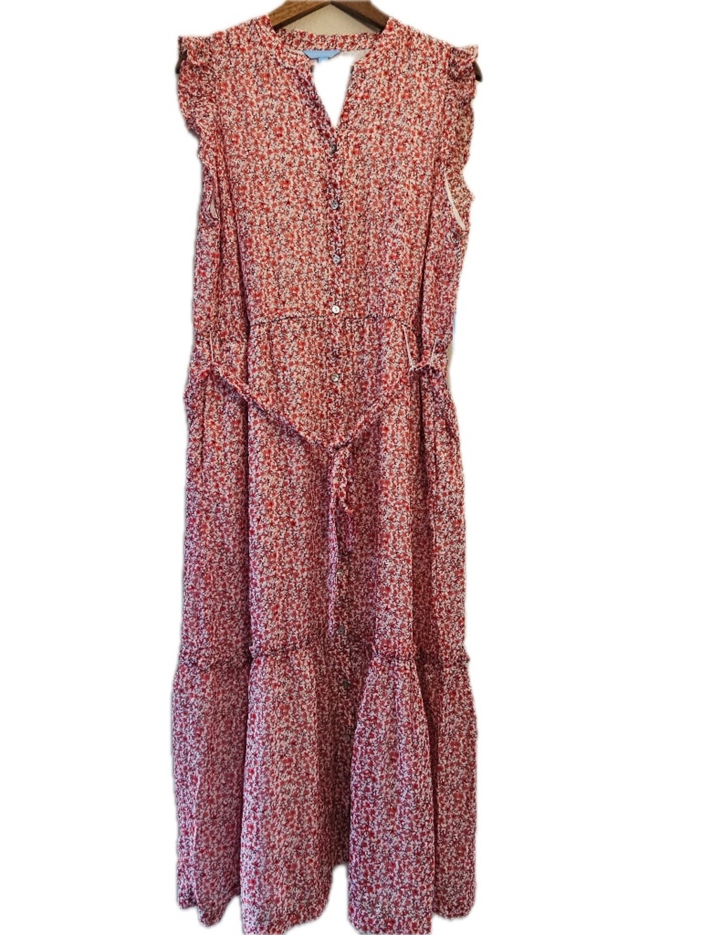 Draper James Dress Womens XL Red Floral Maxi Sleeveless V-Neck Belted‎ Ruffle